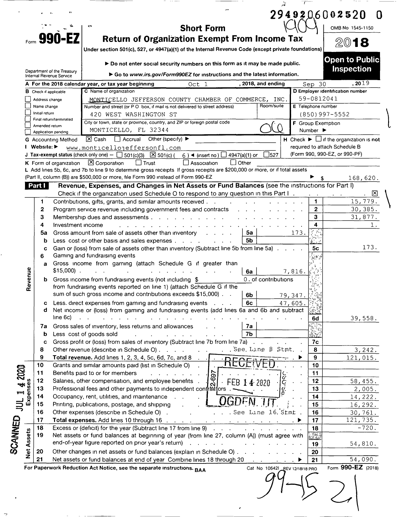 Image of first page of 2018 Form 990EO for Monticello Jefferson County Chamber of Commerce