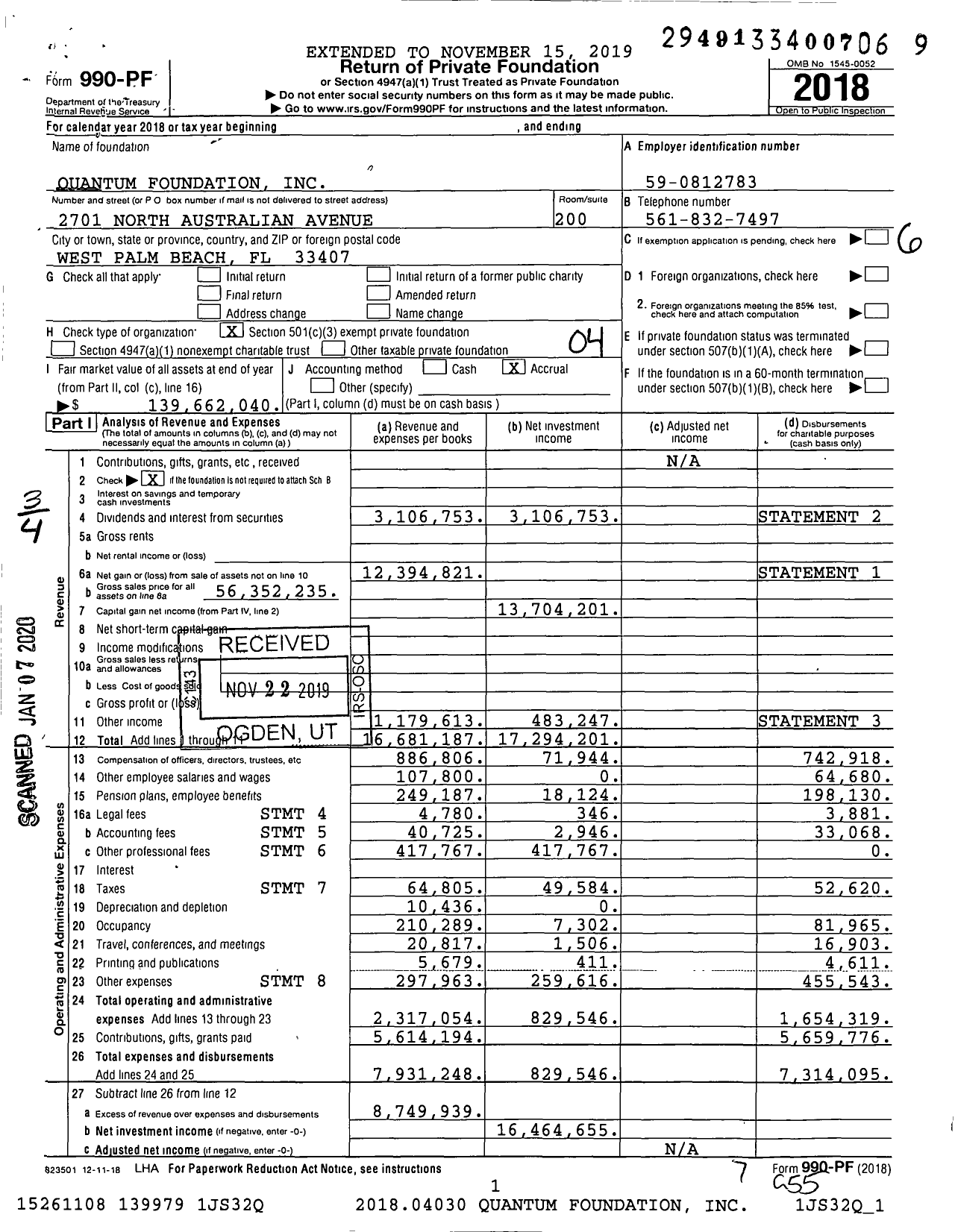 Image of first page of 2018 Form 990PF for Quantum Foundation