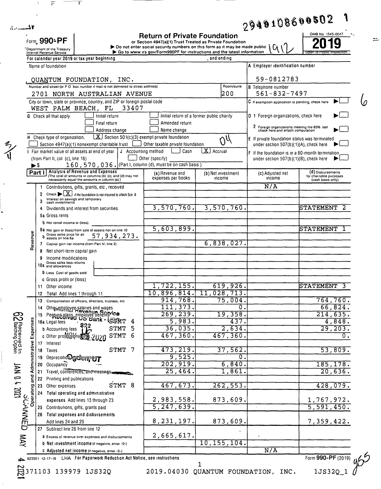 Image of first page of 2019 Form 990PF for Quantum Foundation