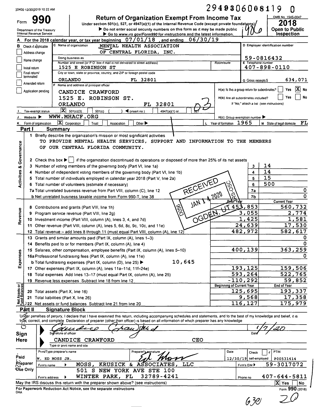 Image of first page of 2018 Form 990 for Mental Health Association of Central Florida