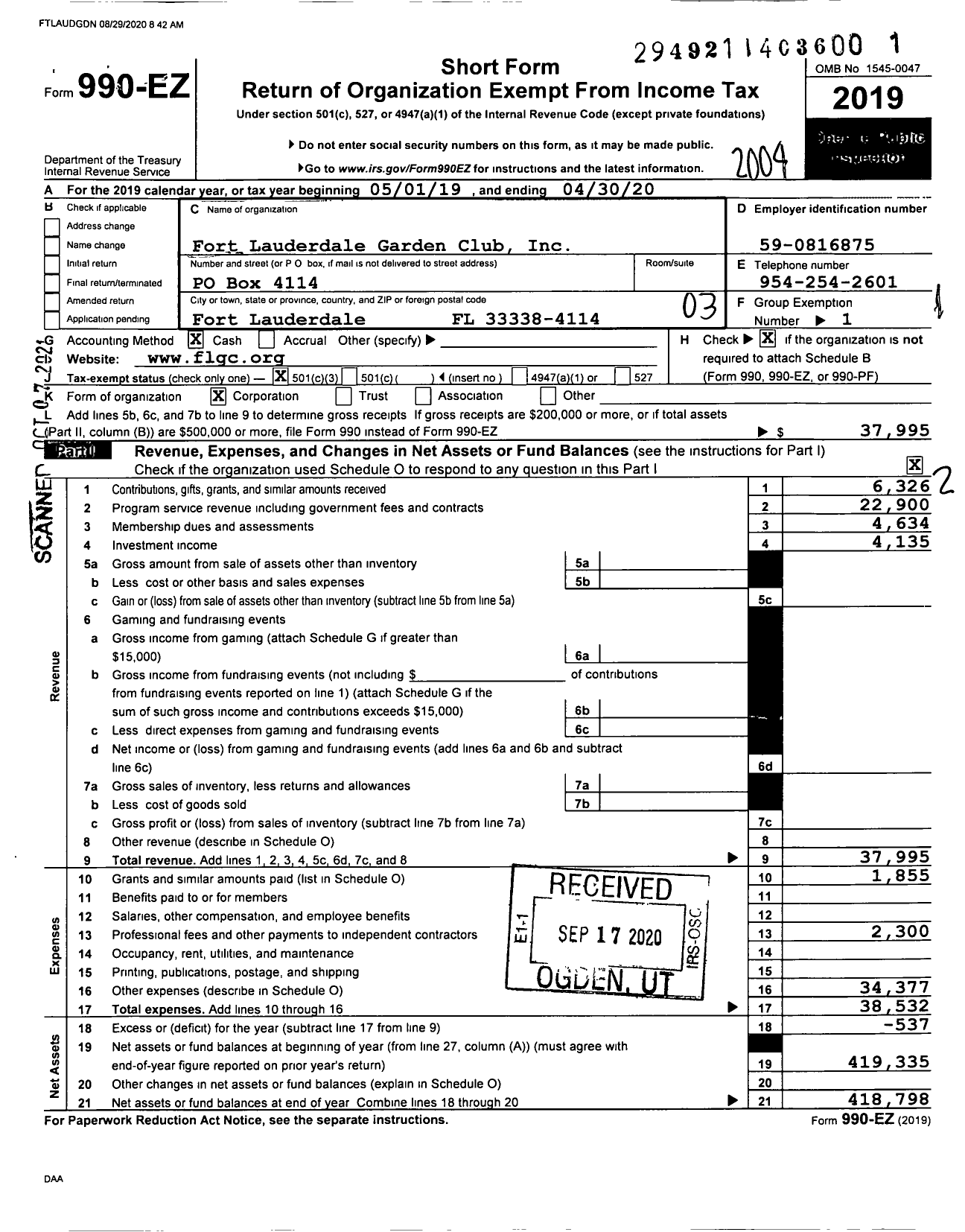 Image of first page of 2019 Form 990EZ for Fort Lauderdale Garden Club