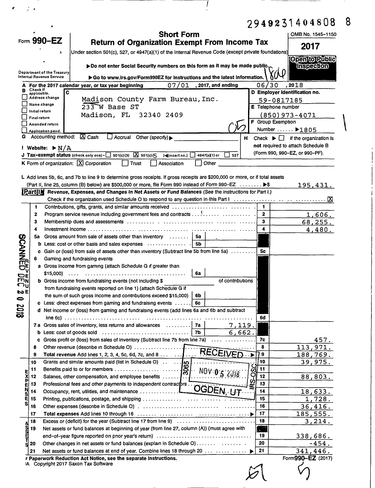 Image of first page of 2017 Form 990EO for Madison County Farm Bureau