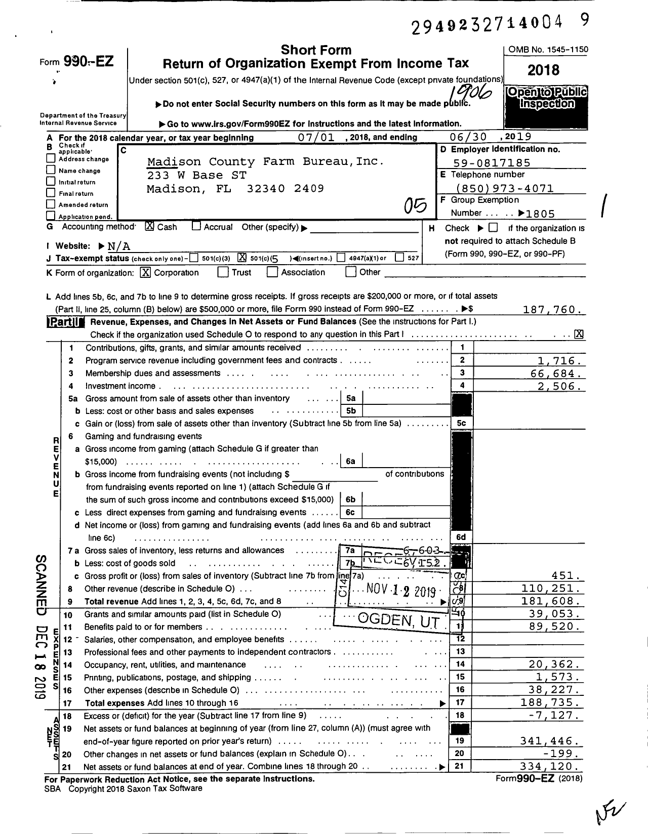 Image of first page of 2018 Form 990EO for Madison County Farm Bureau