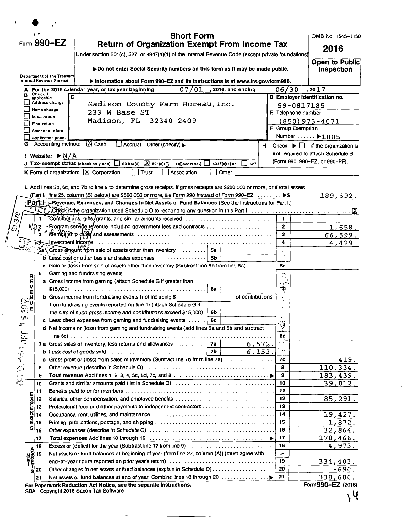 Image of first page of 2016 Form 990EO for Madison County Farm Bureau