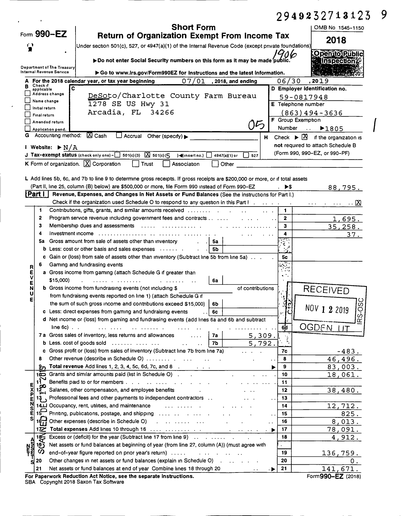 Image of first page of 2018 Form 990EO for DeSotoCharlotte County Farm Bureau