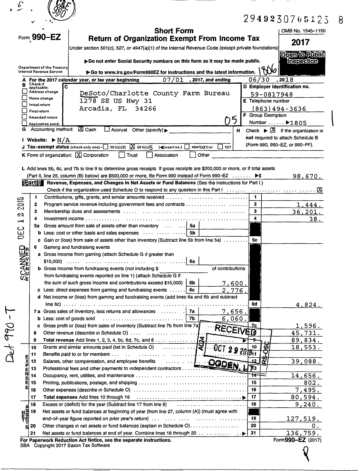 Image of first page of 2017 Form 990EO for DeSotoCharlotte County Farm Bureau