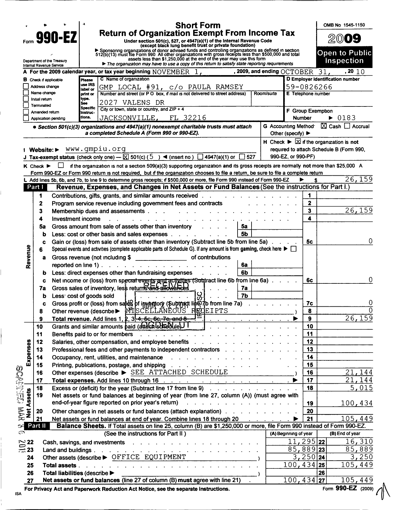 Image of first page of 2009 Form 990EO for United Steelworkers - 00091m Local