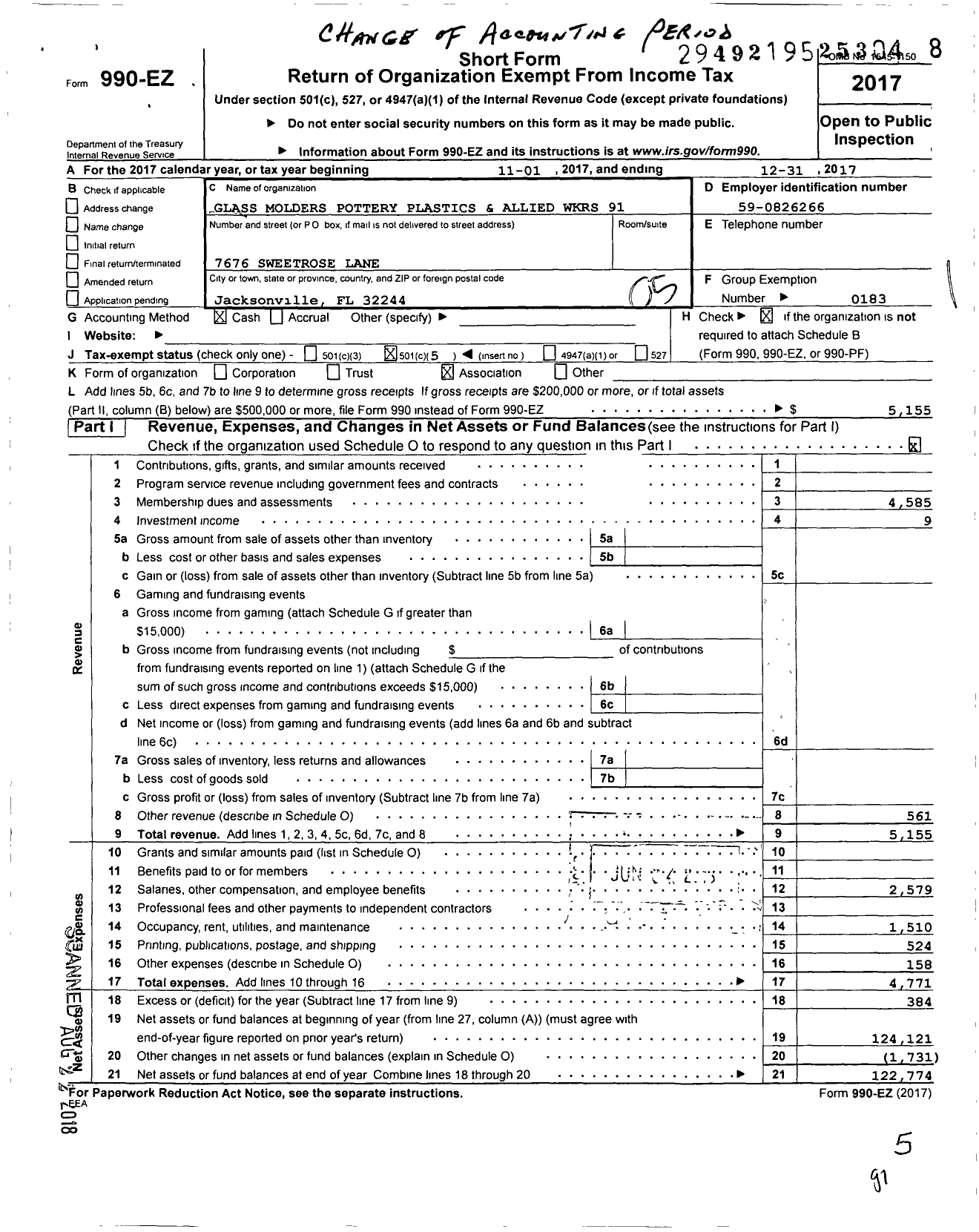 Image of first page of 2017 Form 990EO for United Steelworkers - 00091m Local