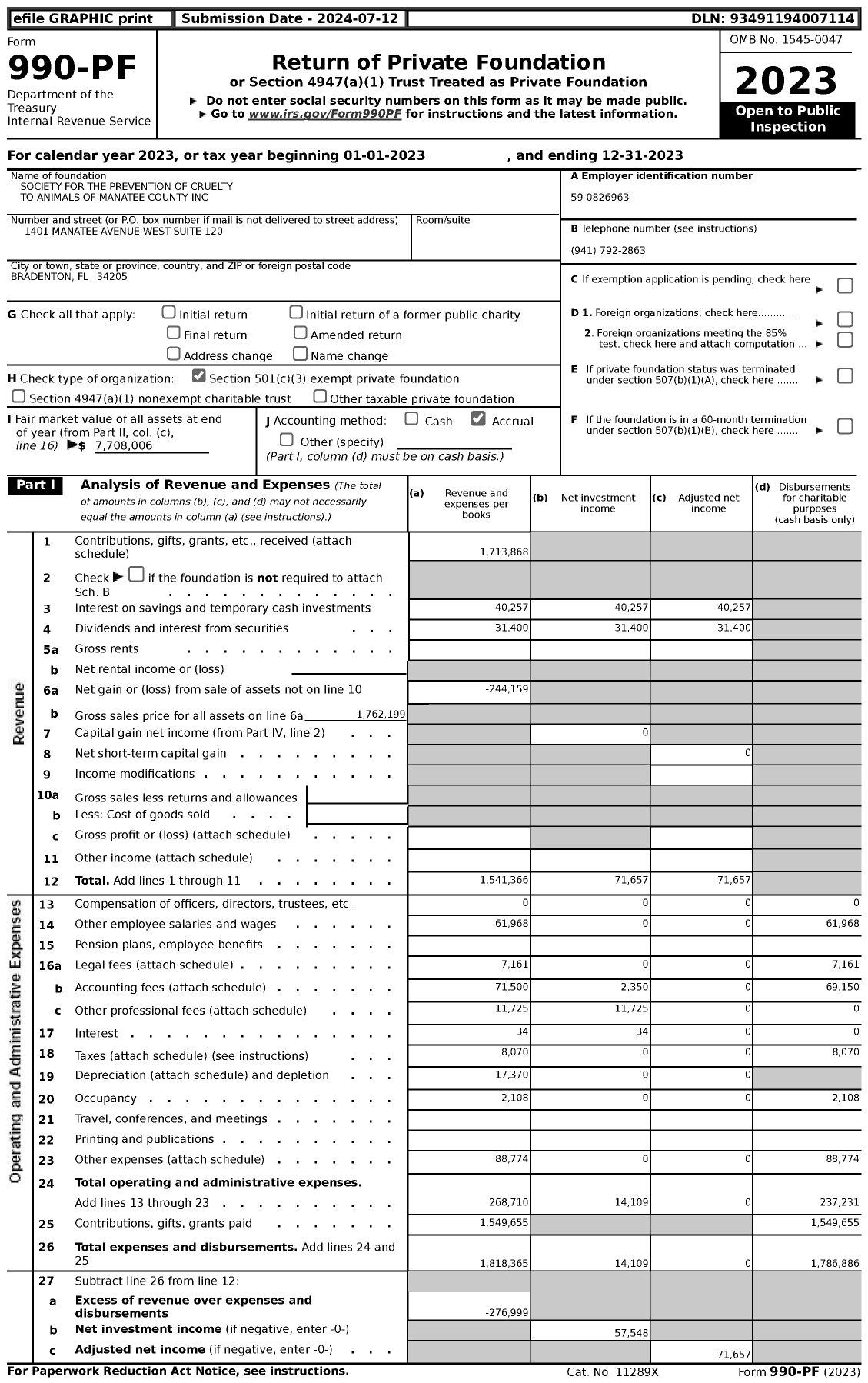 Image of first page of 2023 Form 990PF for Society for the Prevention of Cruelty To Animals of Manatee County