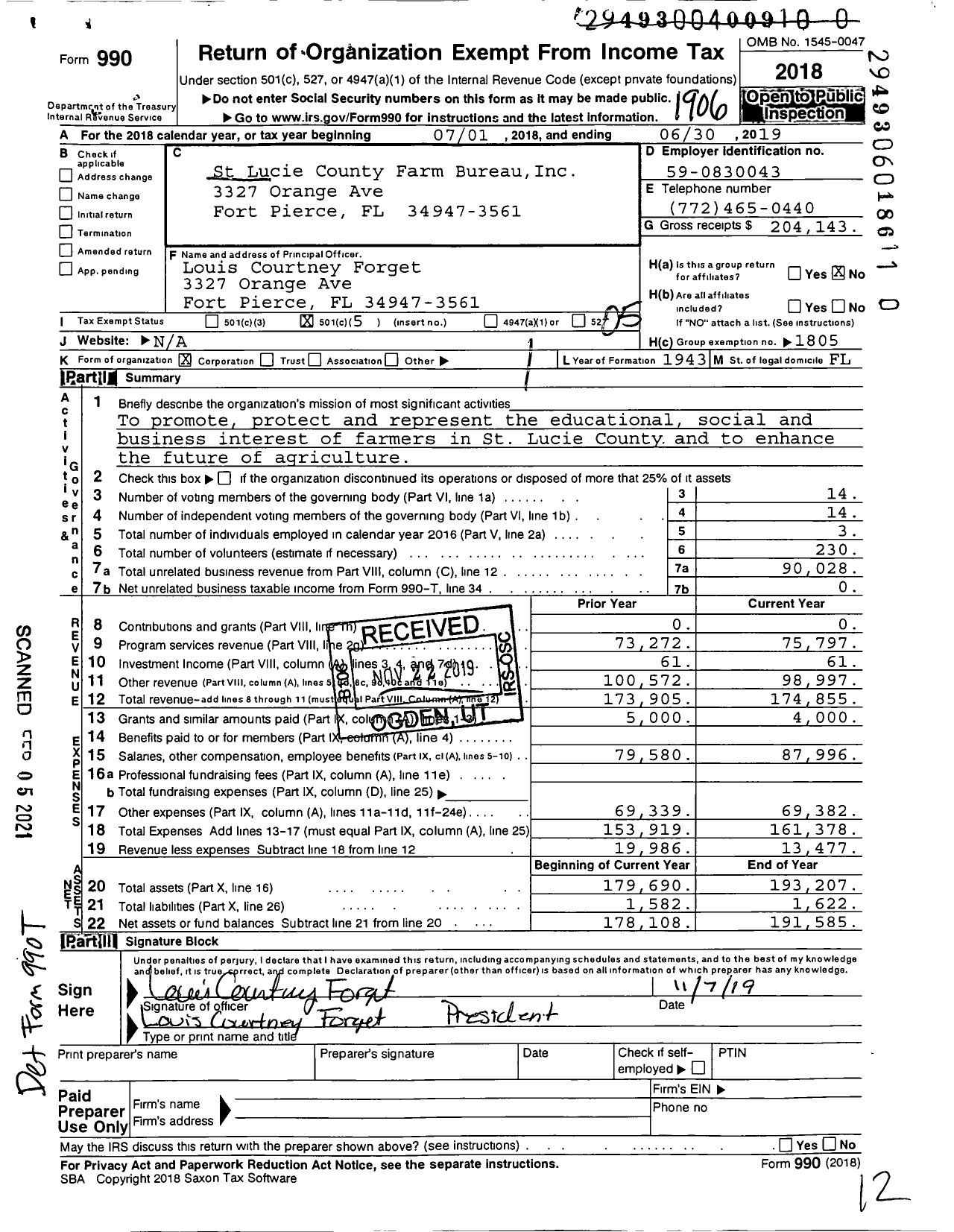 Image of first page of 2018 Form 990O for St Lucie County Farm Bureau