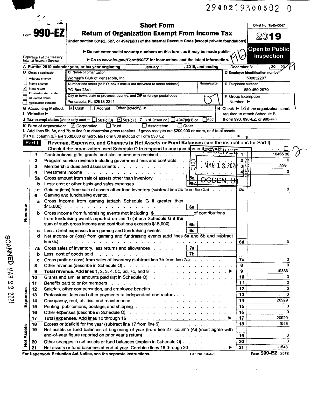 Image of first page of 2019 Form 990EO for Pensacola Womans Club