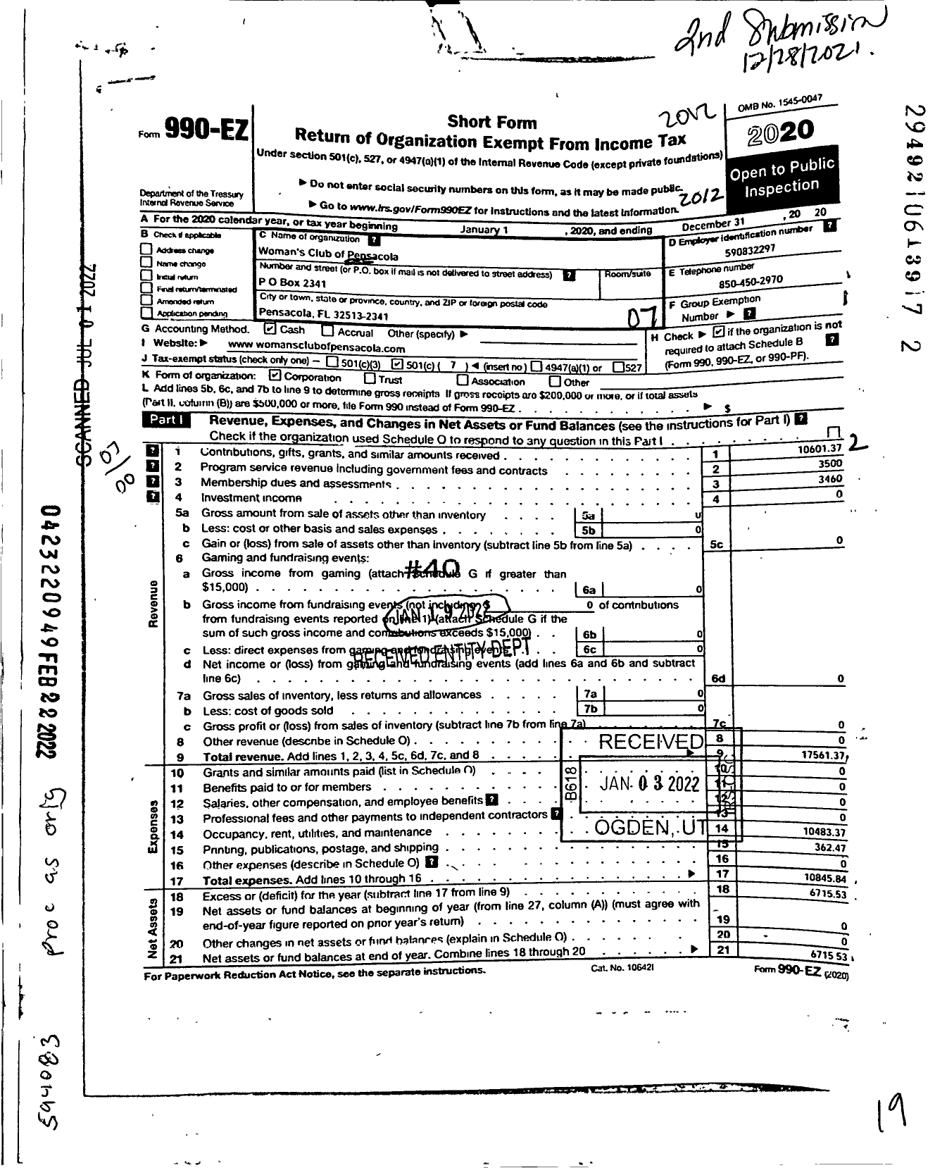 Image of first page of 2020 Form 990EO for Pensacola Womans Club