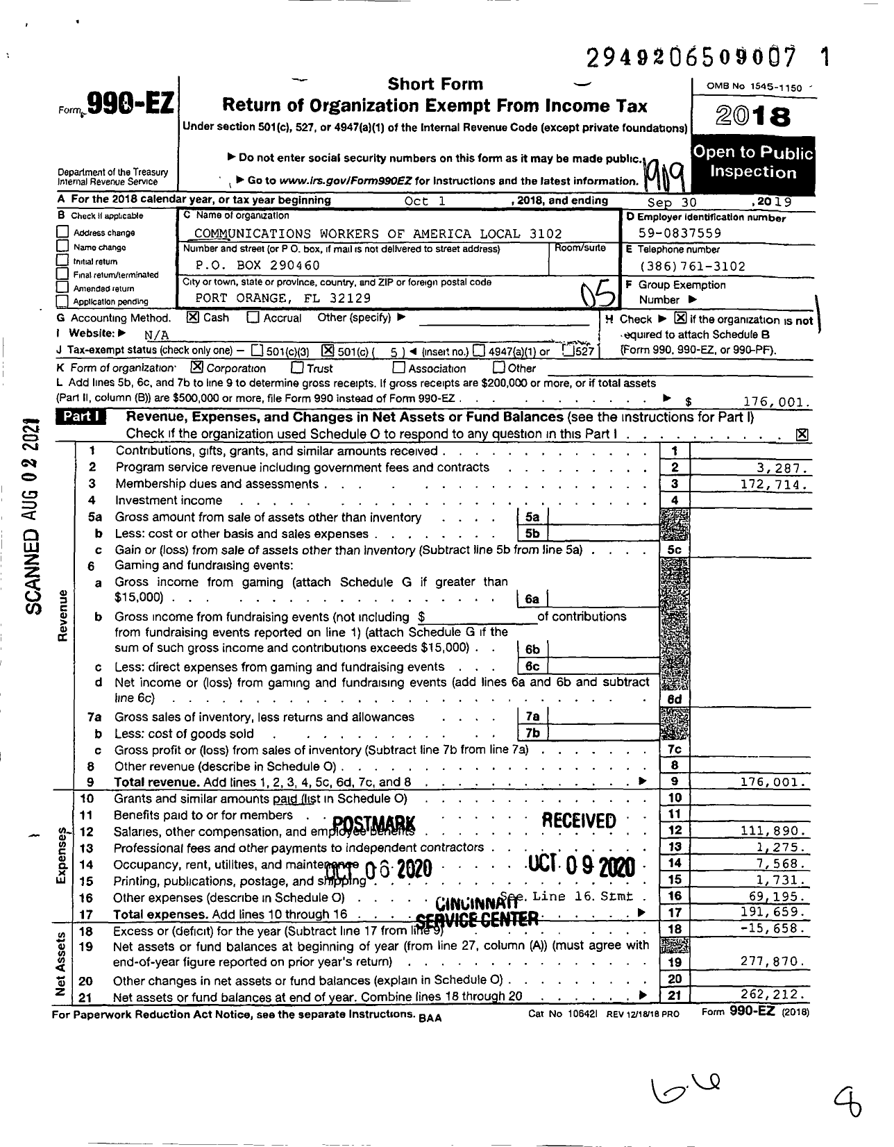 Image of first page of 2018 Form 990EO for Communications Workers of America - 3102 Cwa