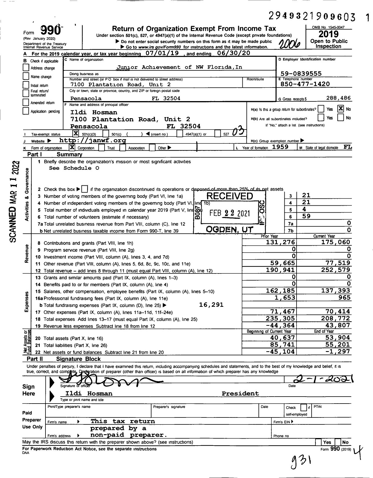 Image of first page of 2019 Form 990 for Junior Achievement of Northwest Florida