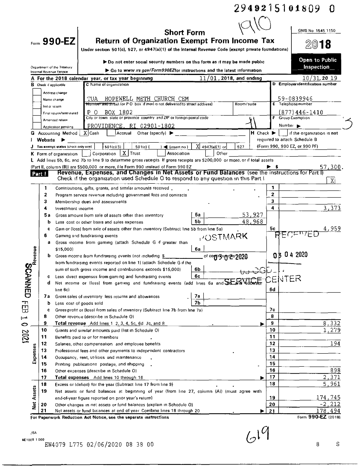 Image of first page of 2018 Form 990EO for Tua Hopewell Meth Church Cemetery