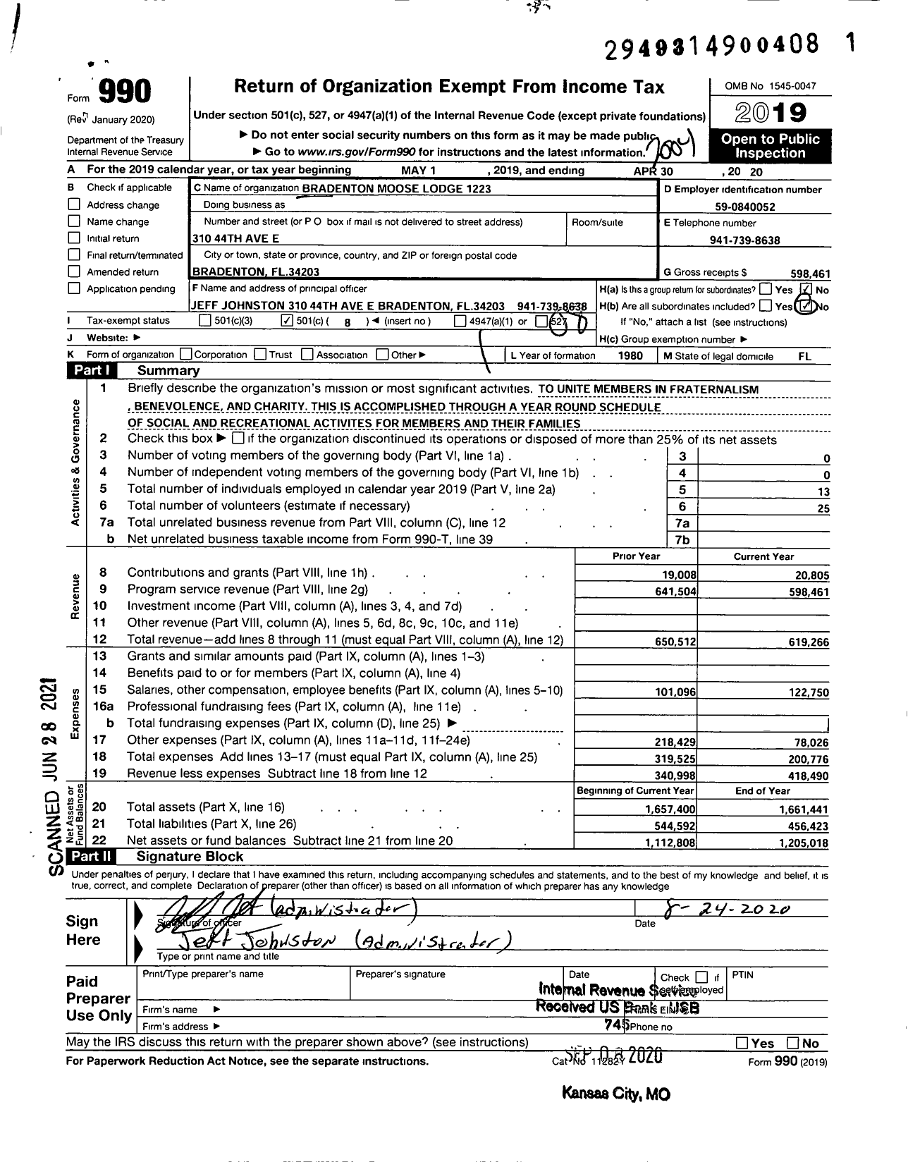 Image of first page of 2019 Form 990O for Bradenton Moose Lodge 1223