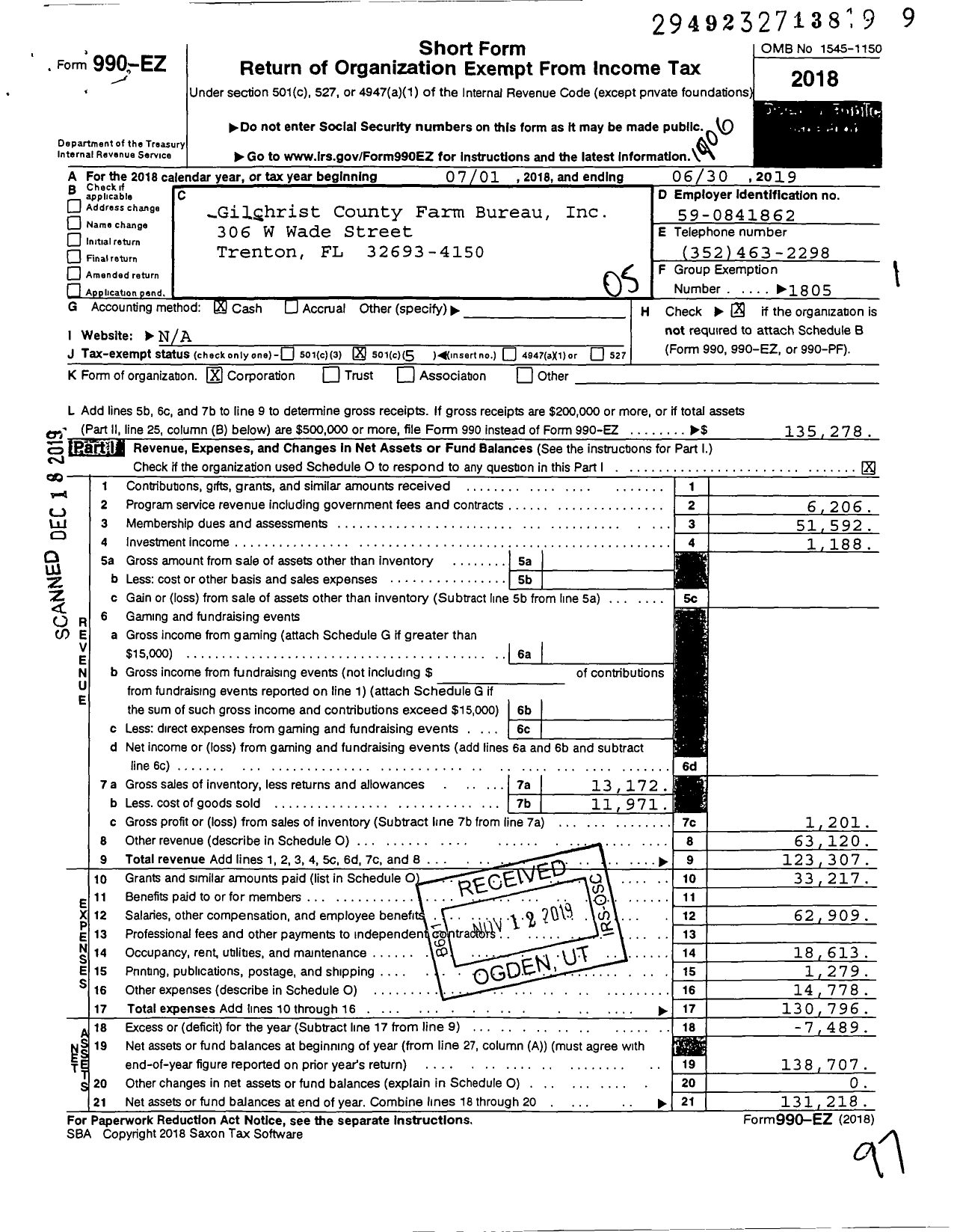 Image of first page of 2018 Form 990EO for Gilchrist County Farm Bureau