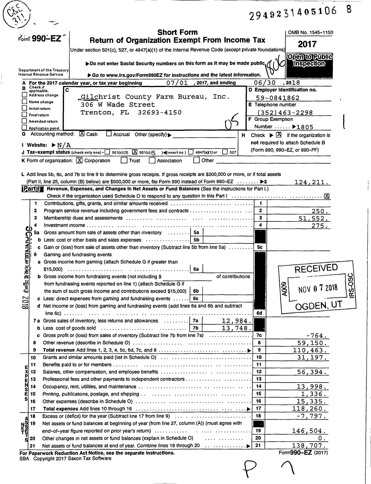 Image of first page of 2017 Form 990EO for Gilchrist County Farm Bureau