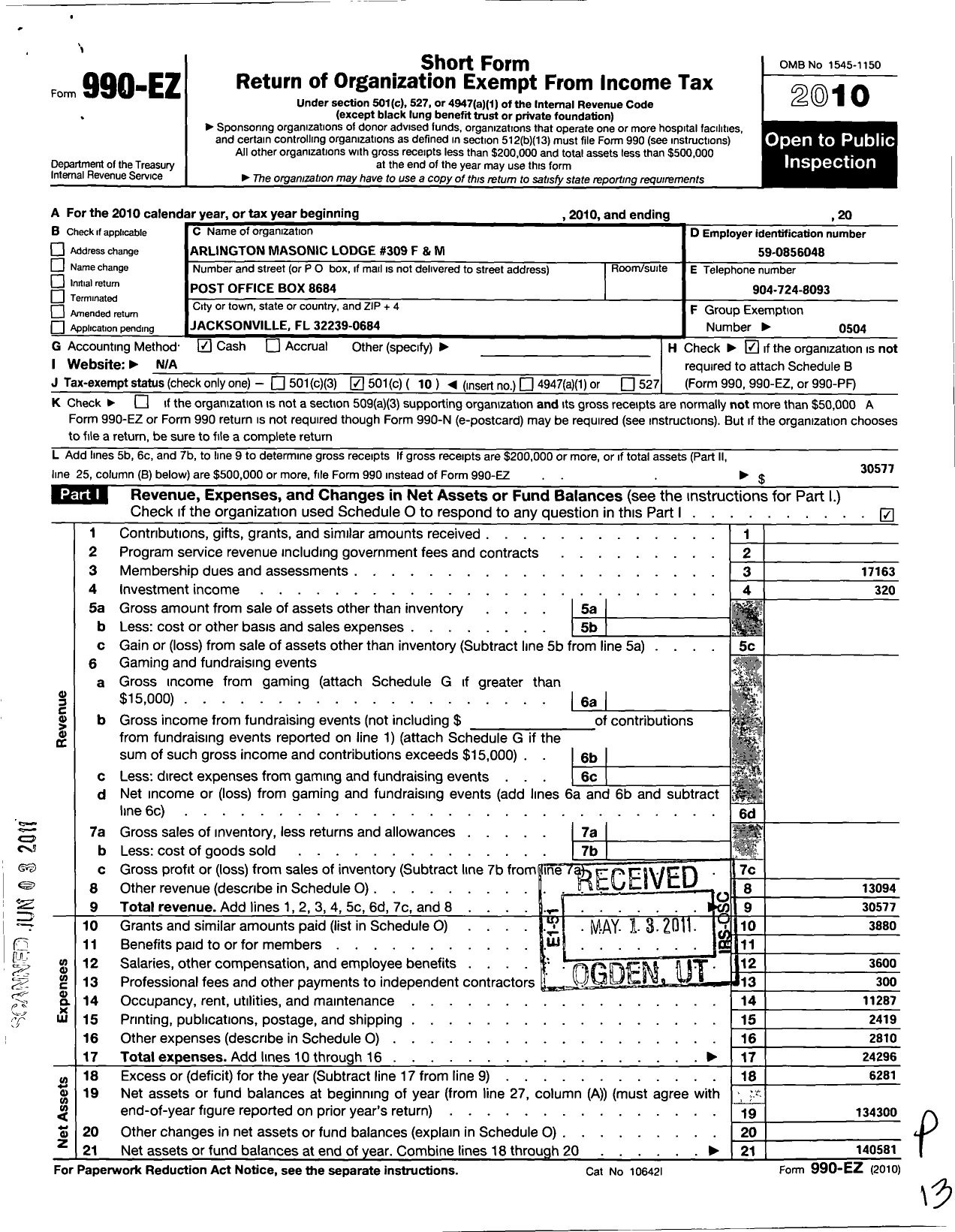 Image of first page of 2010 Form 990EO for Free and Accepted Masons of Florida - 309 Arlington Lodge