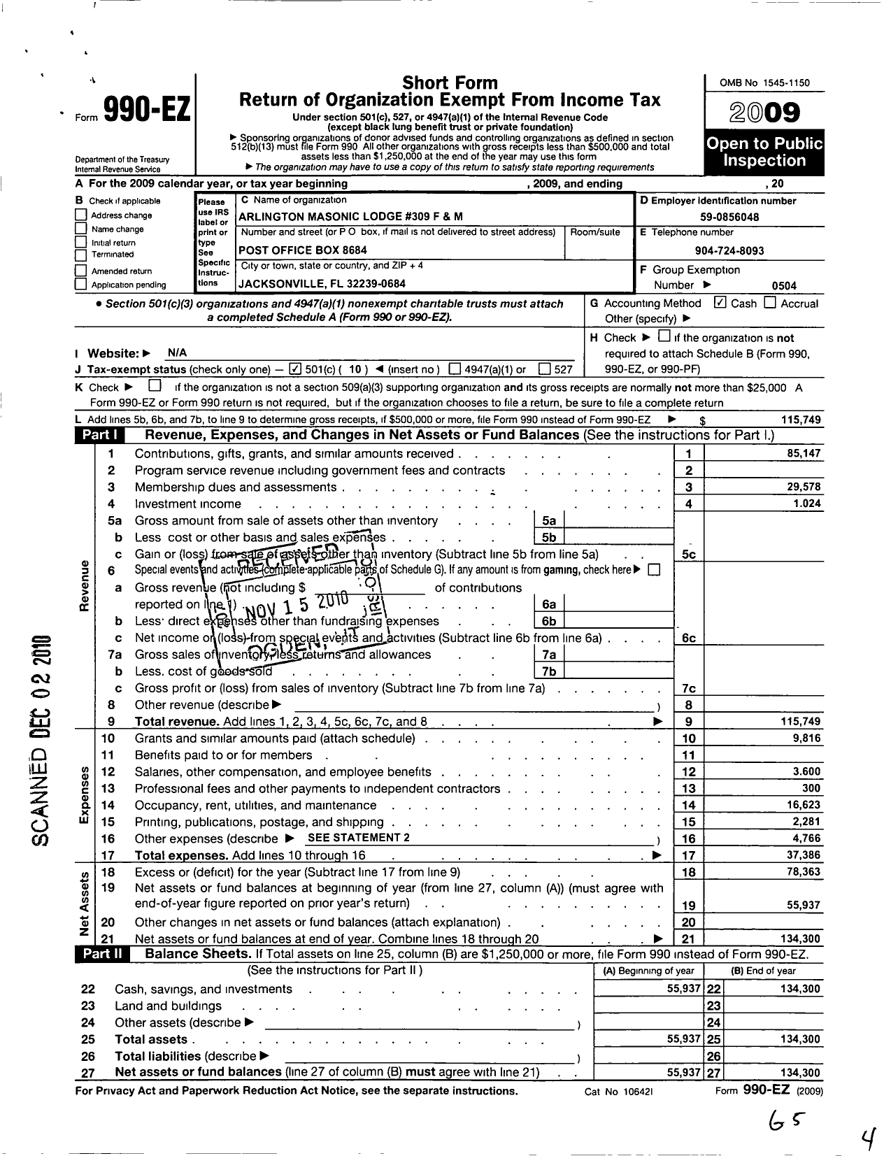 Image of first page of 2009 Form 990EO for Free and Accepted Masons of Florida - 309 Arlington Lodge