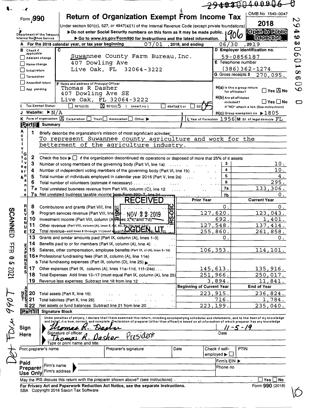 Image of first page of 2018 Form 990O for Suwannee County Farm Bureau