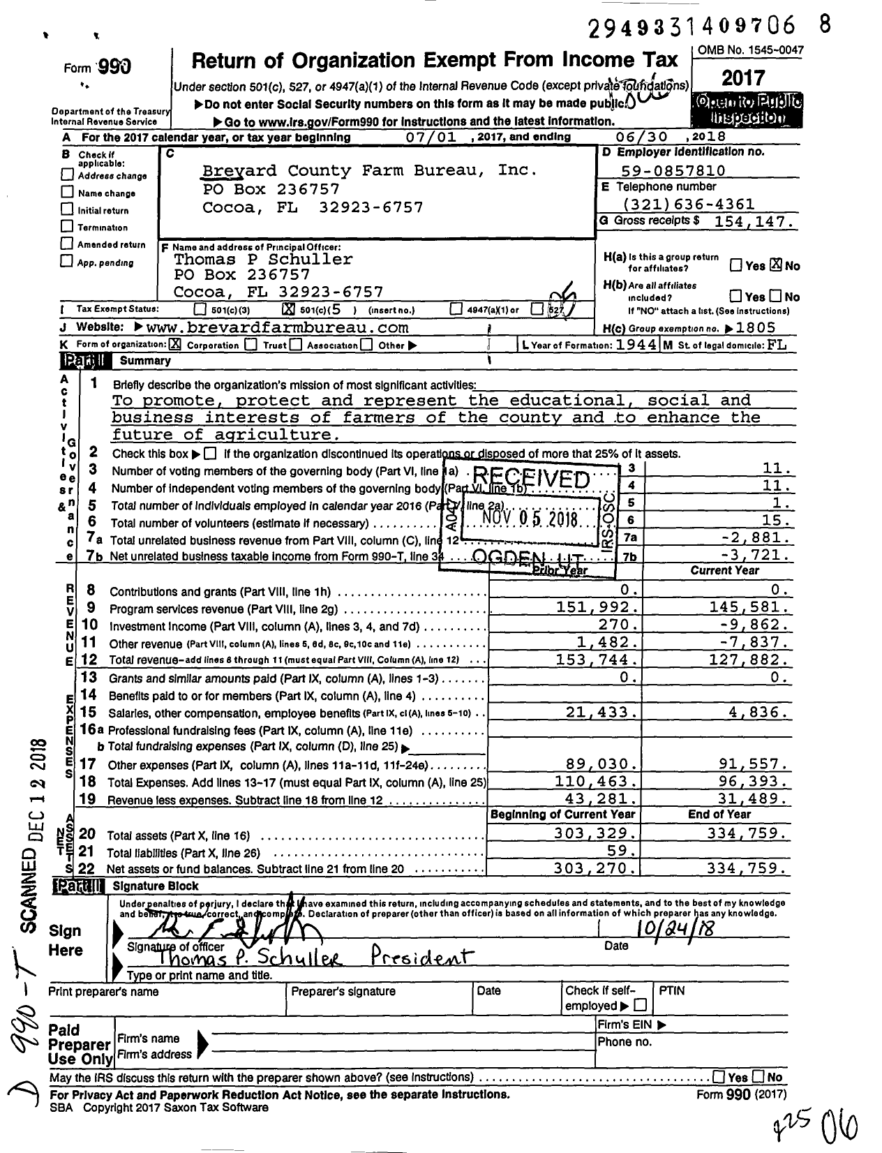 Image of first page of 2017 Form 990O for Brevard County Farm Bureau