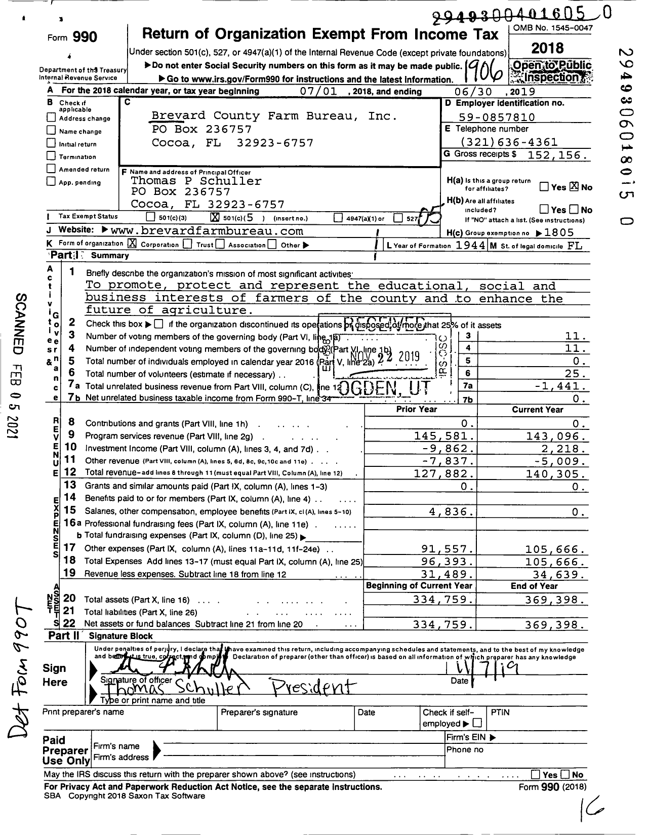 Image of first page of 2018 Form 990O for Brevard County Farm Bureau