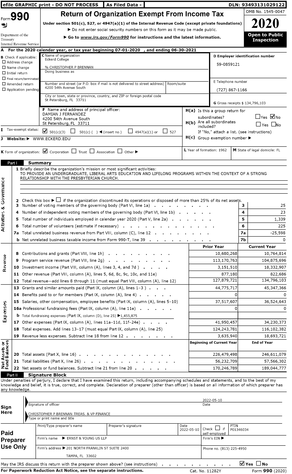 Image of first page of 2020 Form 990 for Eckerd College