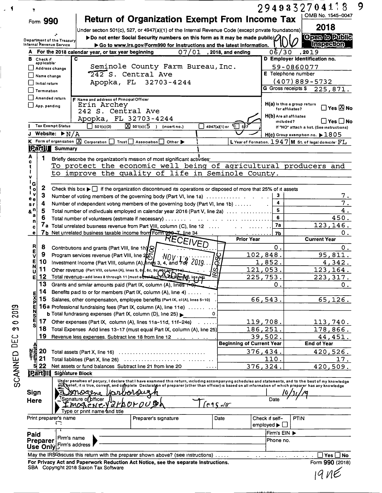 Image of first page of 2018 Form 990O for Seminole County Farm Bureau