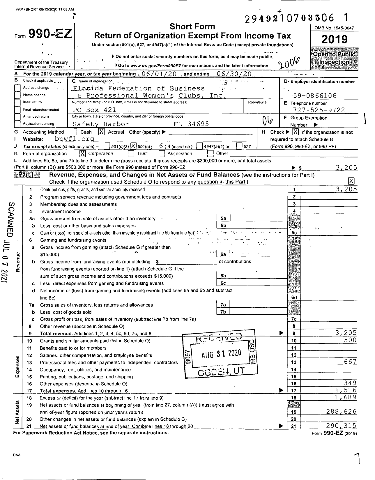 Image of first page of 2019 Form 990EO for Florida Federation of Business and Professional Women's Clubs