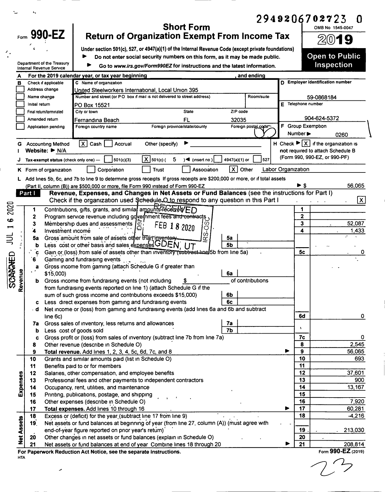 Image of first page of 2019 Form 990EO for United Steelworkers - 9-00395 Local