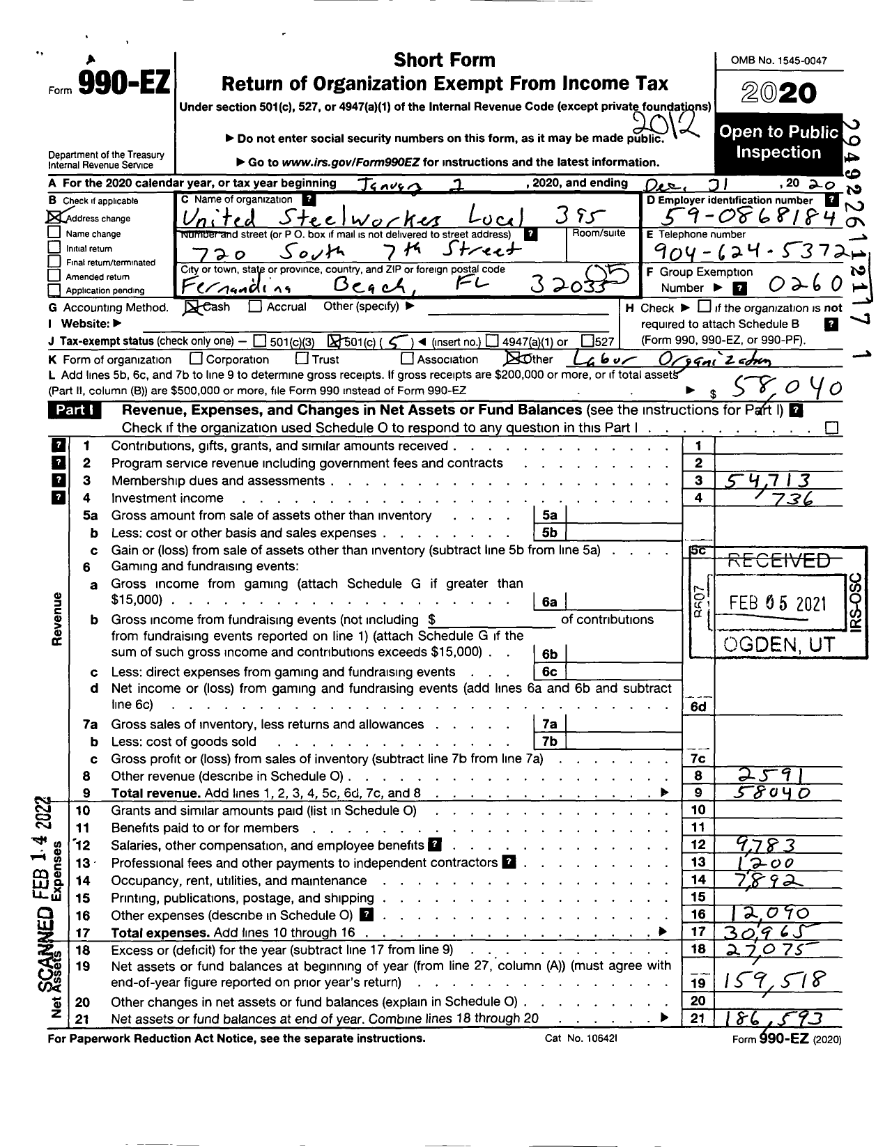 Image of first page of 2020 Form 990EO for United Steelworkers - 9-00395 Local