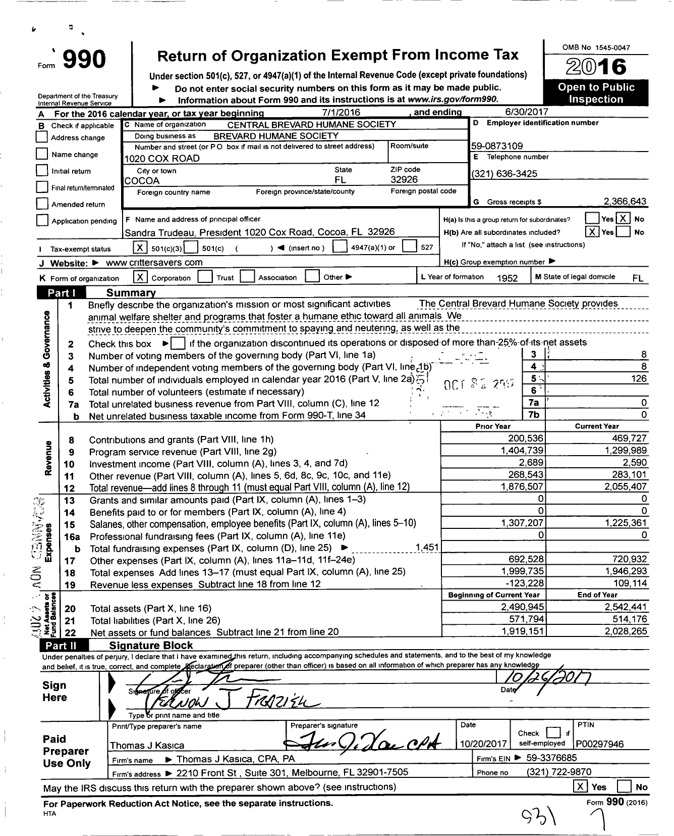 Image of first page of 2016 Form 990 for Brevard Humane Society