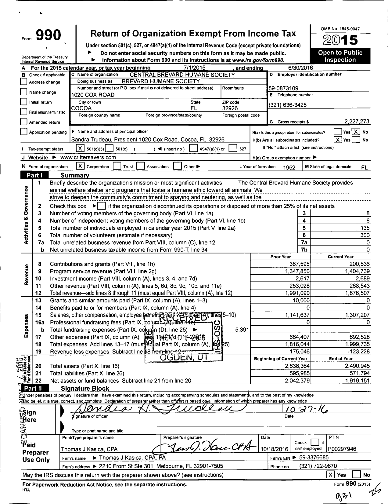 Image of first page of 2015 Form 990 for Brevard Humane Society