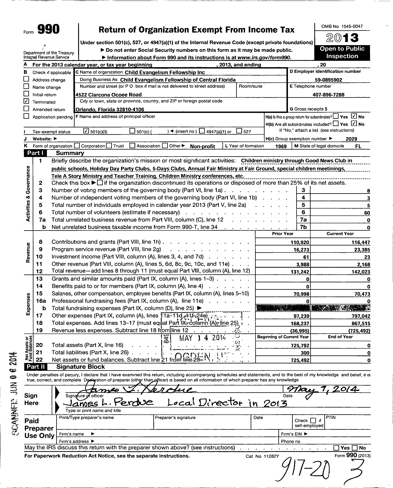 Image of first page of 2013 Form 990 for Child Evangelism Fellowship