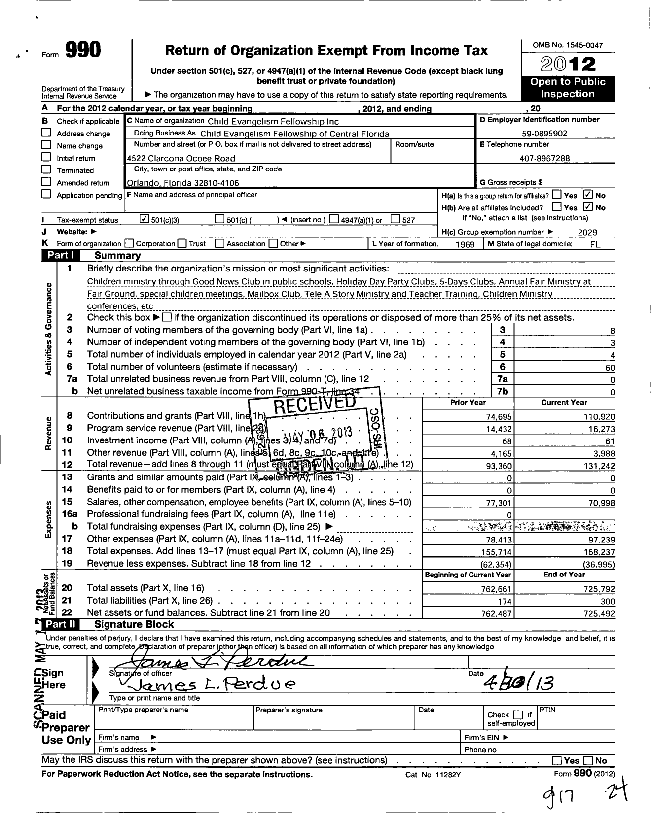 Image of first page of 2012 Form 990 for Child Evangelism Fellowship