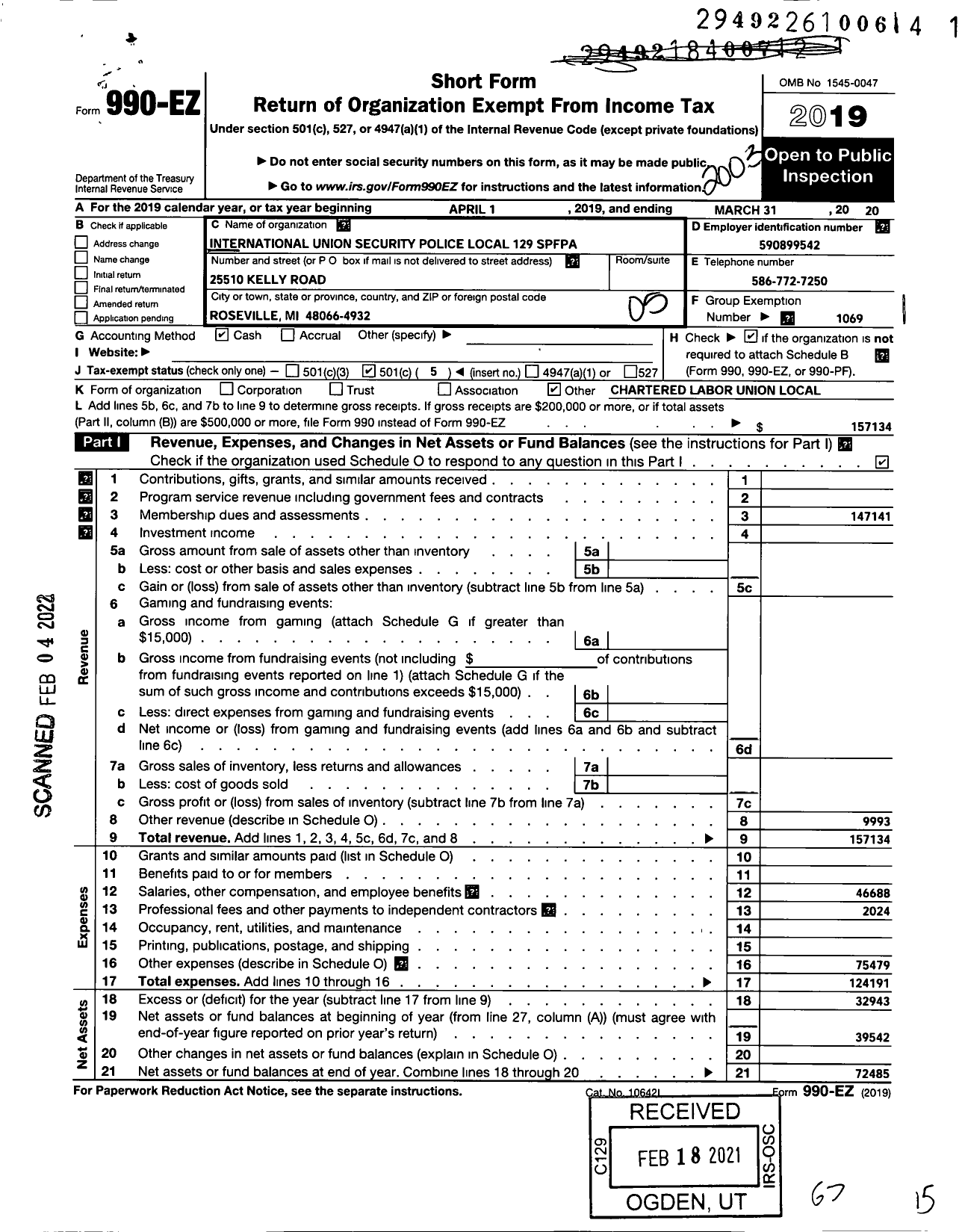 Image of first page of 2019 Form 990EO for International Union Security Police Fire Professionals of America - 129 Spfpa