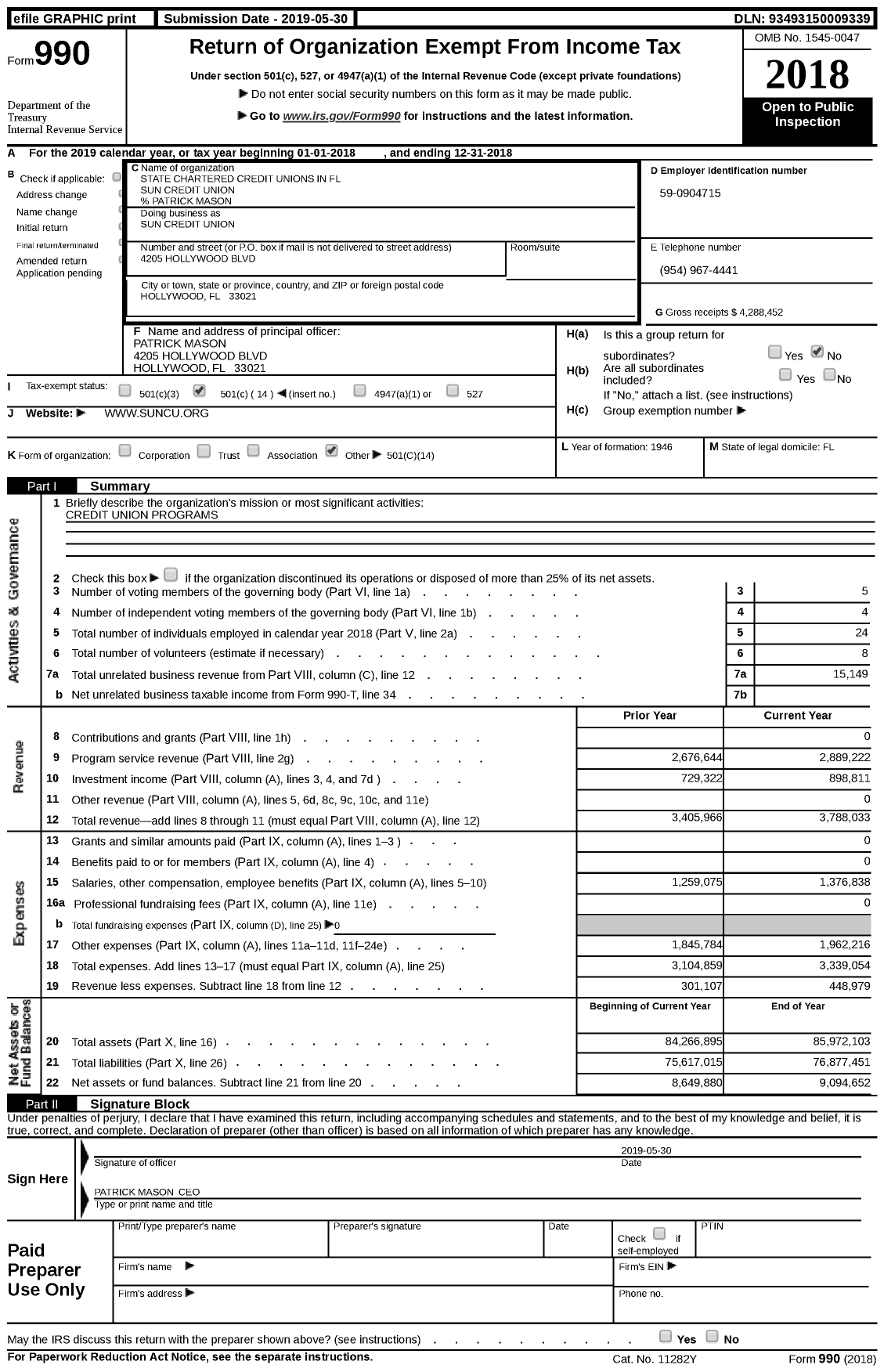 Image of first page of 2018 Form 990 for State Chartered Credit Unions in Florida - 123 Sun Credit Union