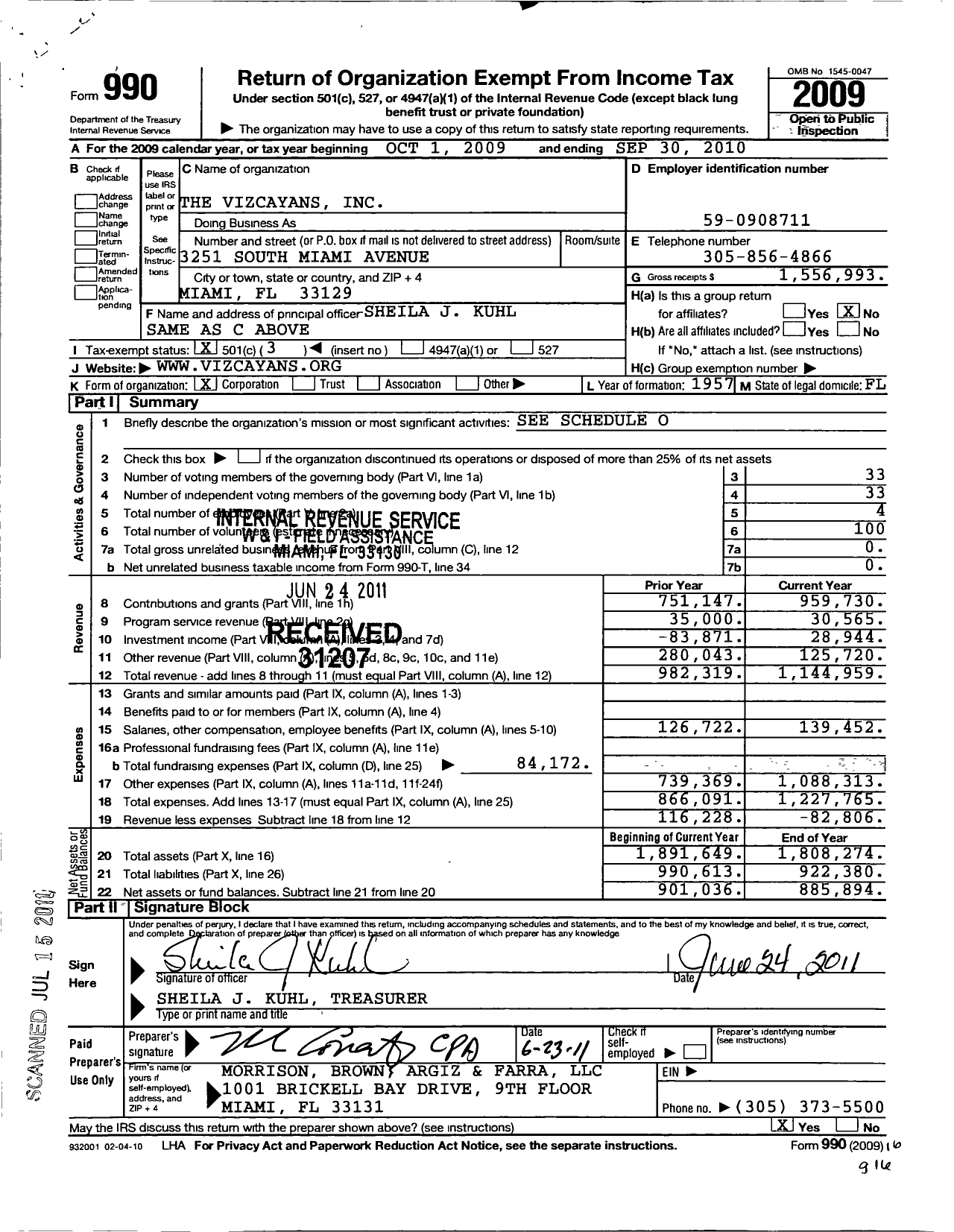 Image of first page of 2009 Form 990 for The Vizcayans