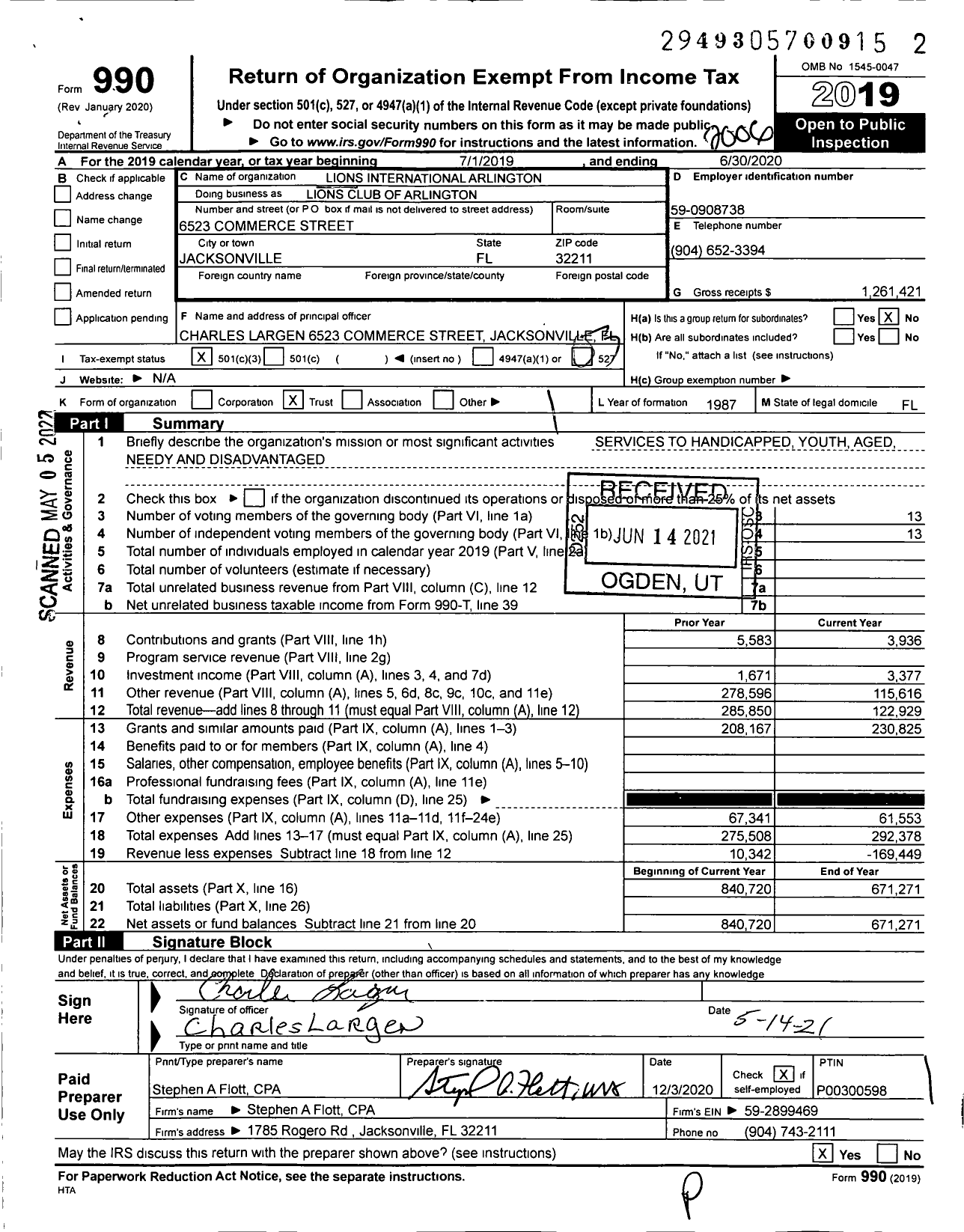 Image of first page of 2019 Form 990 for Lions Clubs - Lions Club of Arlington