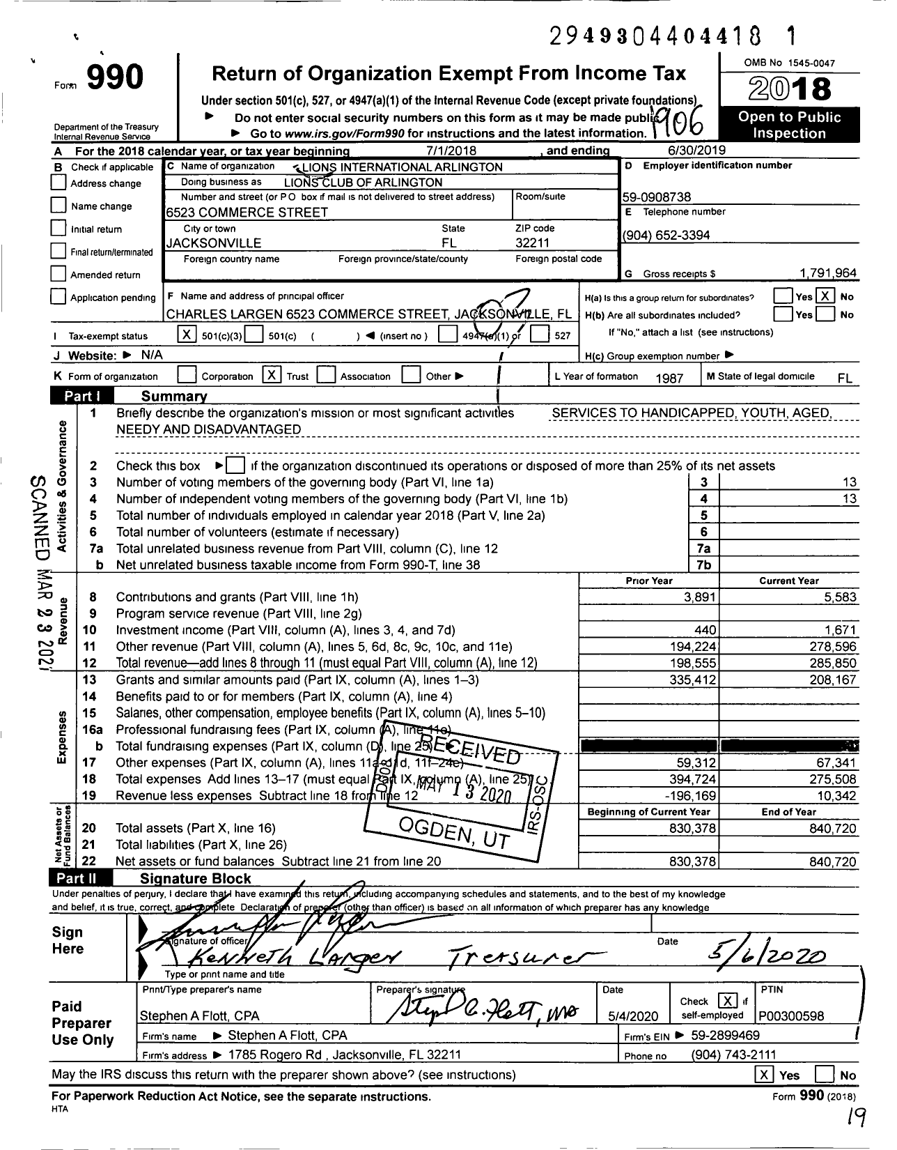 Image of first page of 2018 Form 990 for Lions Clubs - Lions Club of Arlington