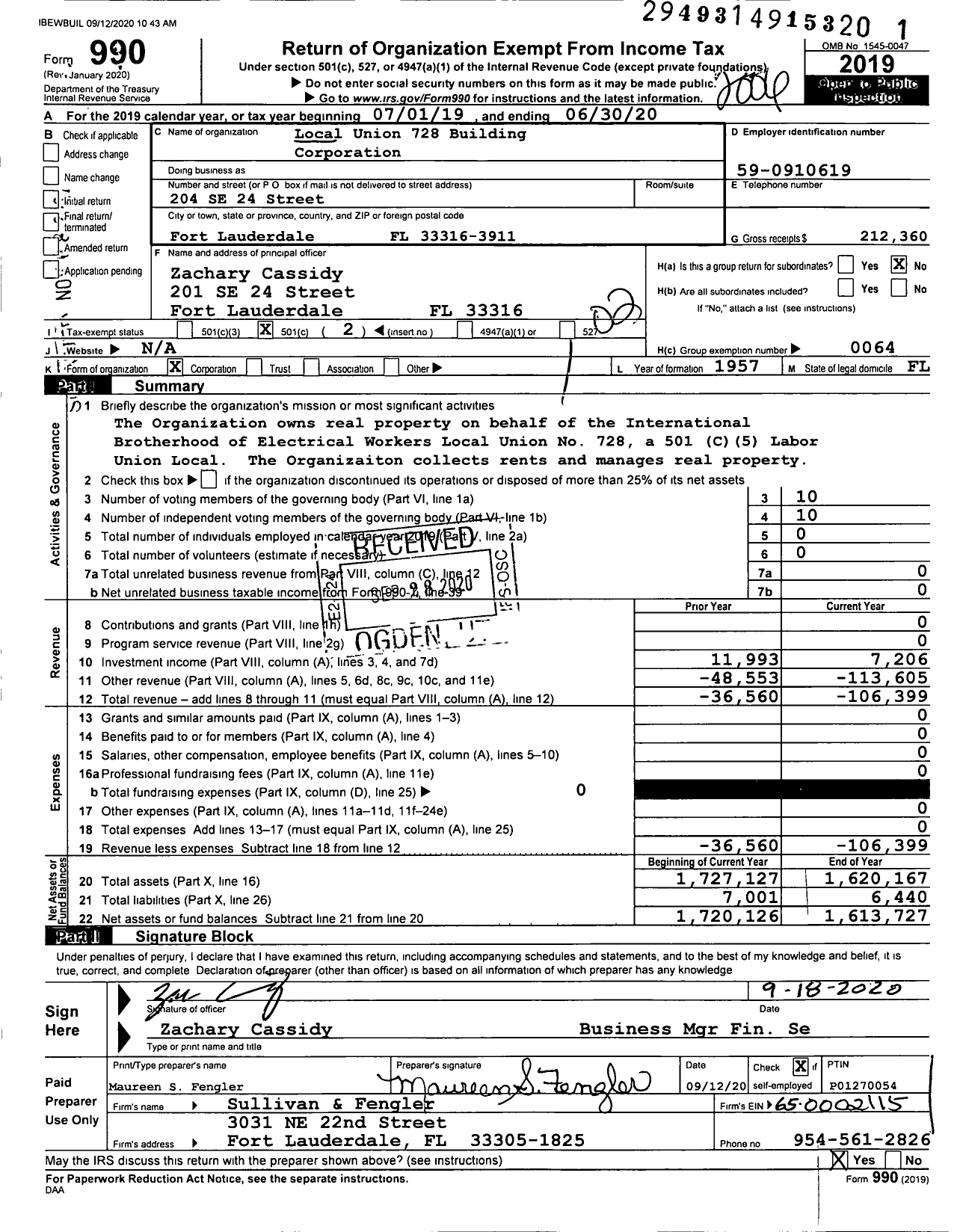 Image of first page of 2019 Form 990O for Local Union 728 Building Corporation