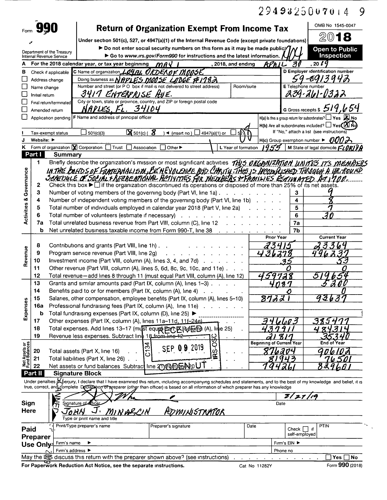 Image of first page of 2018 Form 990O for Loyal Order of Moose - 1782