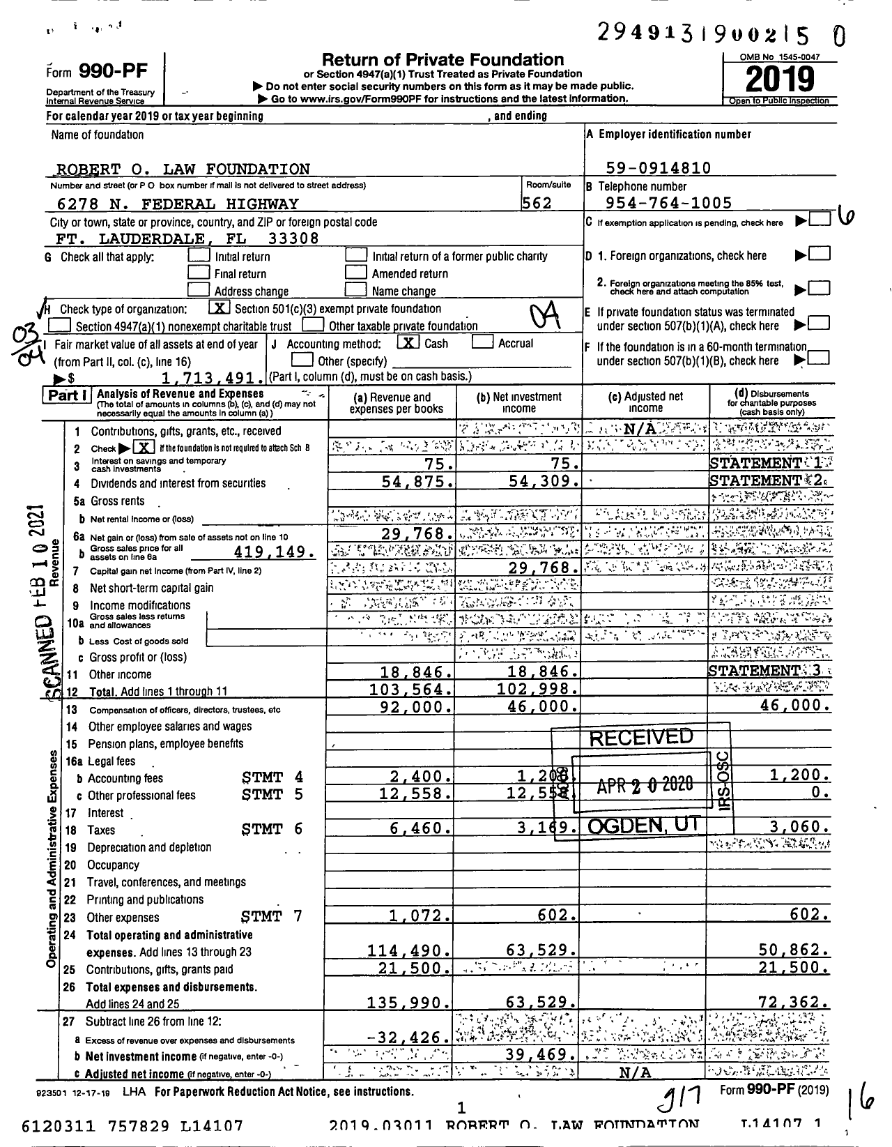 Image of first page of 2019 Form 990PF for Robert O Law Foundation Robert O Law Foundation