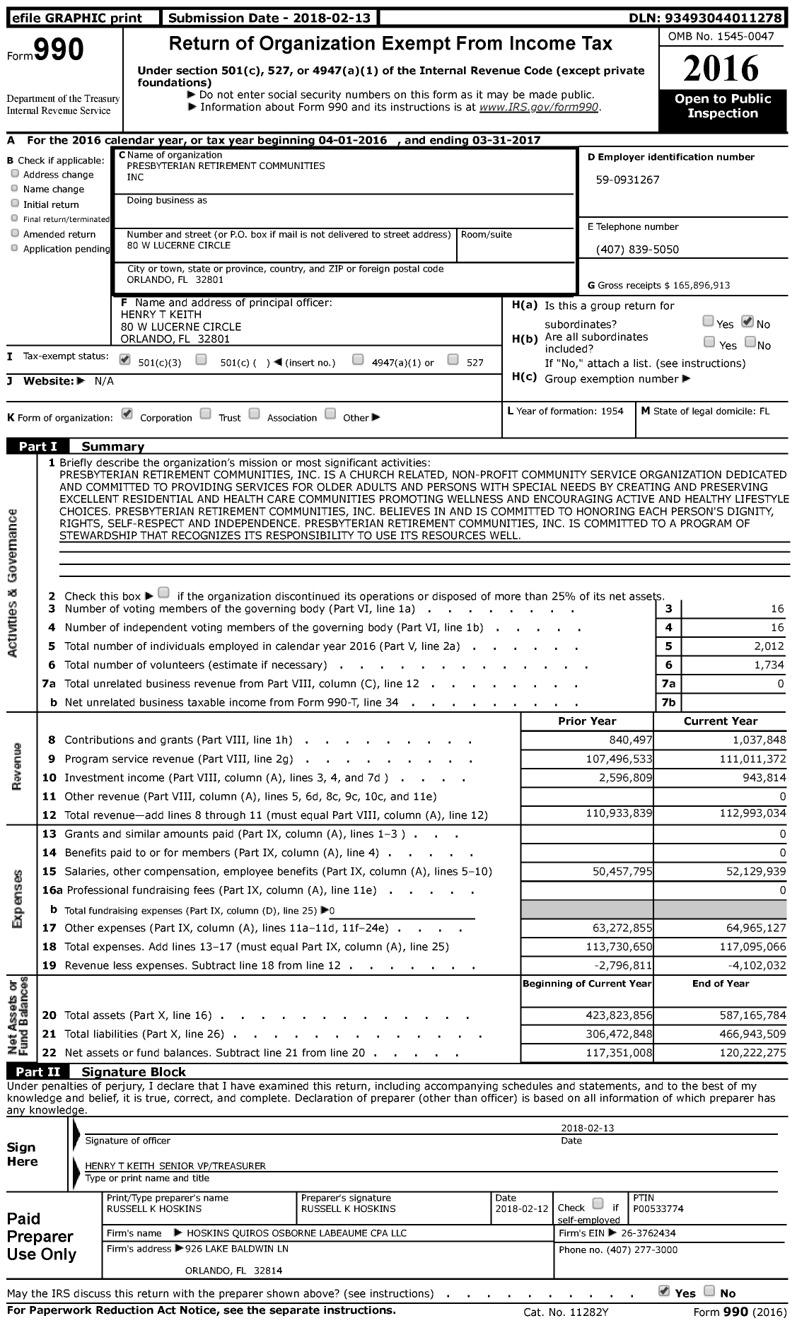 Image of first page of 2016 Form 990 for Presbyterian Retirement Communities