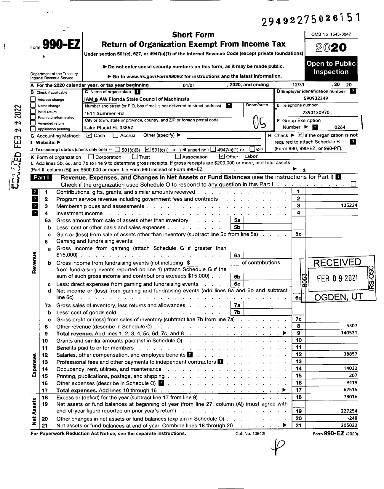 Image of first page of 2020 Form 990EO for International Association of Machinists and Aerospace Workers - Florida State Machinists Council