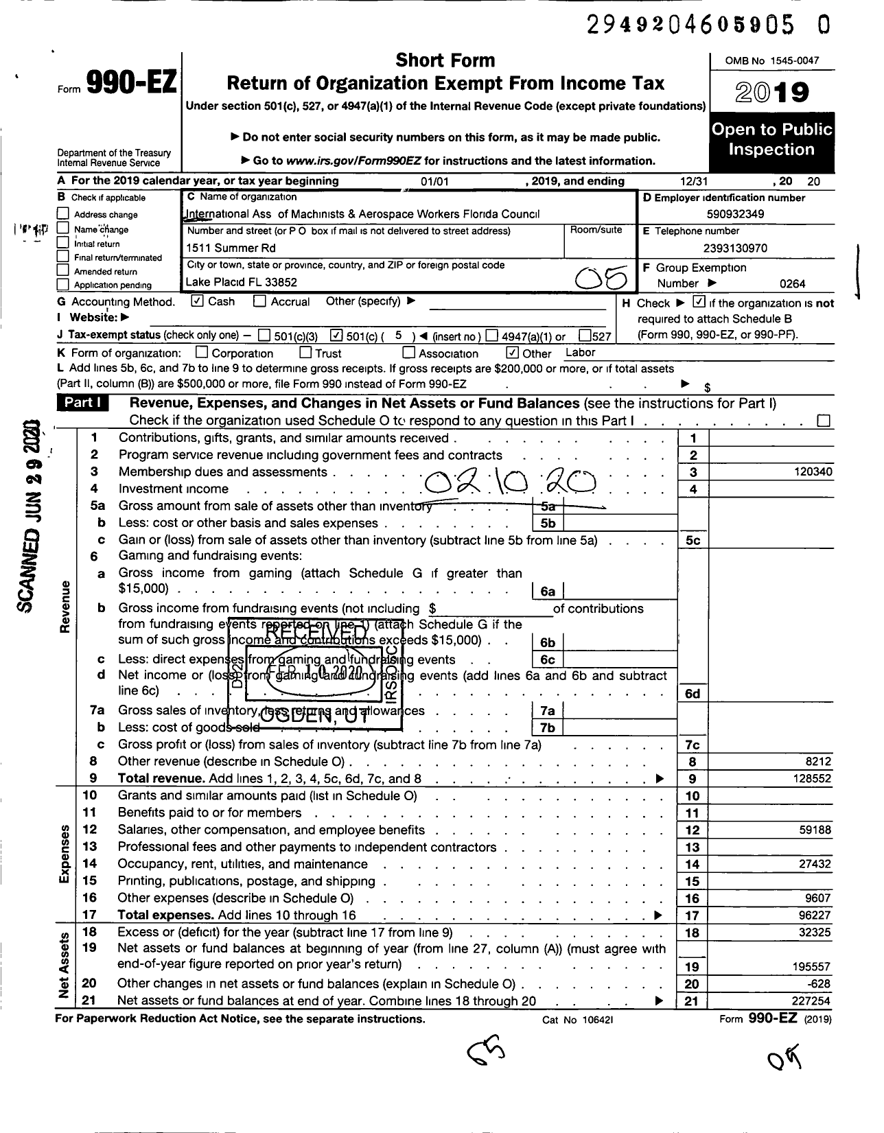 Image of first page of 2019 Form 990EO for International Association of Machinists and Aerospace Workers - Florida State Machinists Council