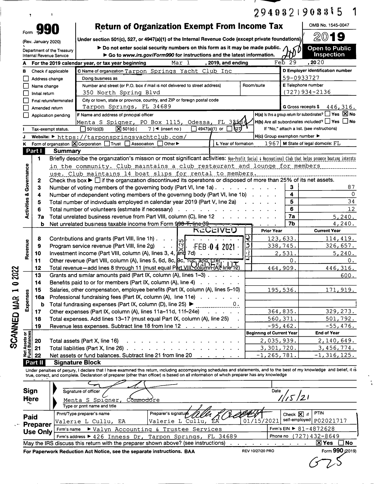 Image of first page of 2019 Form 990O for Tarpon Springs Yacht Club