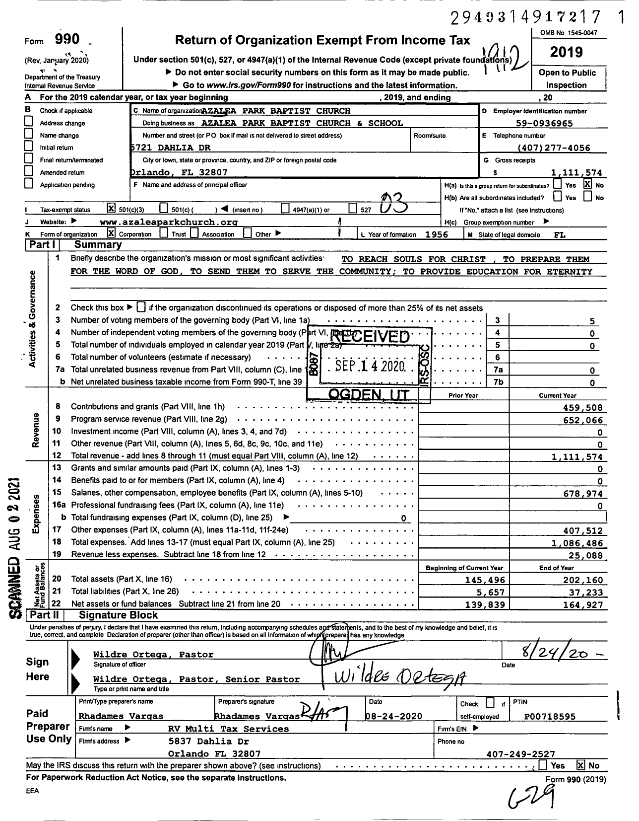 Image of first page of 2019 Form 990 for Azalea Park Baptist Church and S