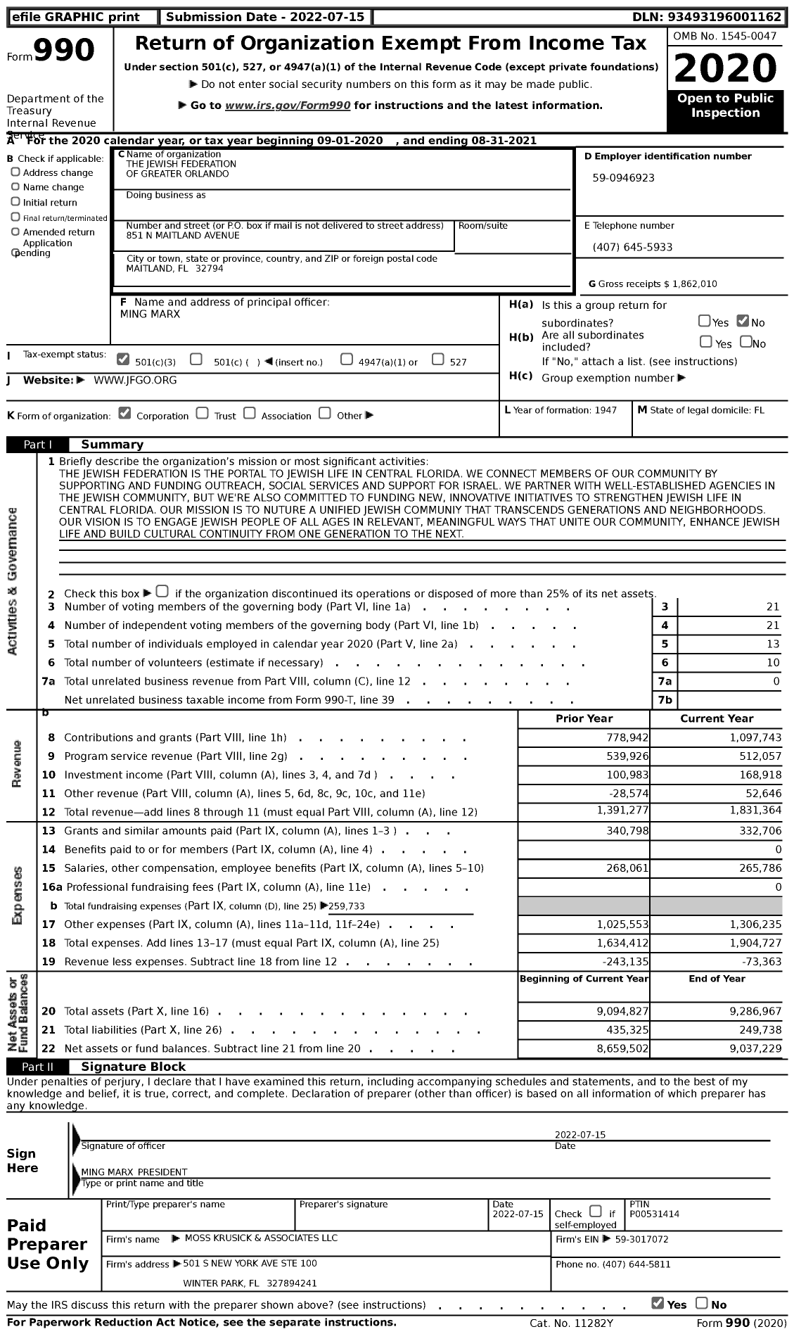 Image of first page of 2020 Form 990 for Shalom Orlando